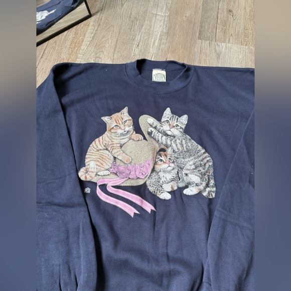 VTG Cotton Grove Cat Kitten Sweatshirt Crewneck Navy Blue Size XL 2XL COMFY - Picture 5 of 7